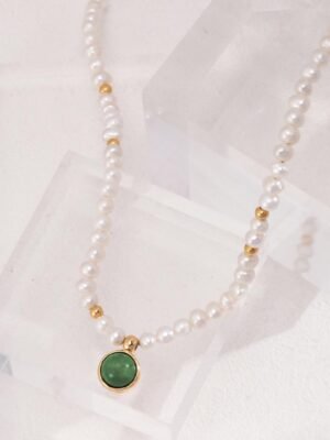 Water Grass Agate and Pearl Necklace - Elizabeth