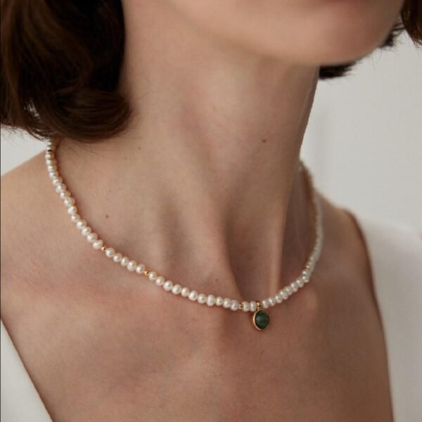 Water Grass Agate and Pearl Necklace - Elizabeth